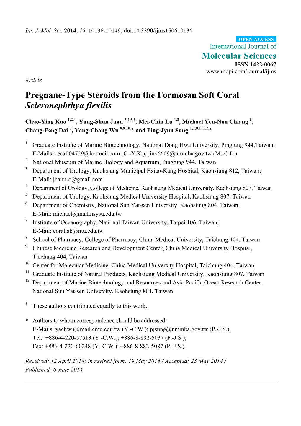 Pregnane-Type Steroids from the Formosan Soft Coral Scleronephthya Flexilis