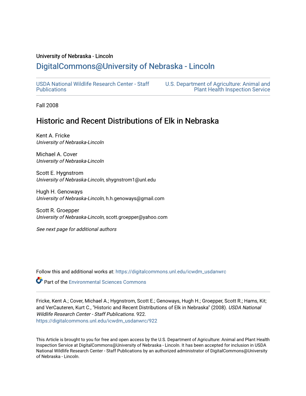 Historic and Recent Distributions of Elk in Nebraska