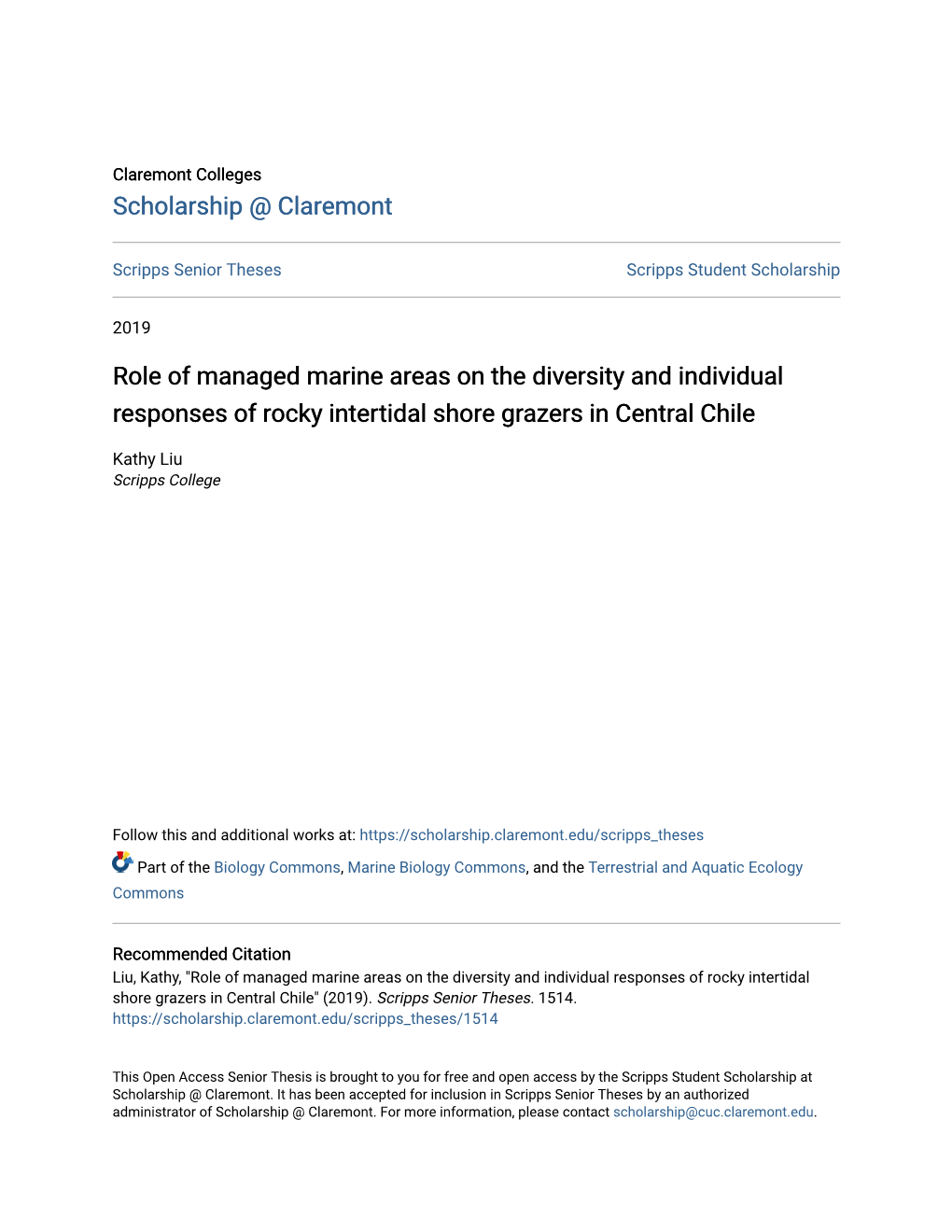 Role of Managed Marine Areas on the Diversity and Individual Responses of Rocky Intertidal Shore Grazers in Central Chile