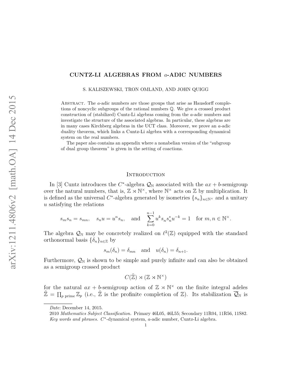 CUNTZ-LI ALGEBRAS from A-ADIC NUMBERS