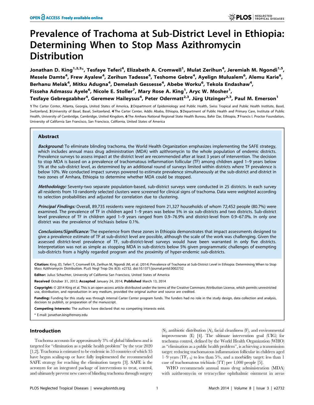 Prevalence of Trachoma at Sub-District Level in Ethiopia: Determining When to Stop Mass Azithromycin Distribution