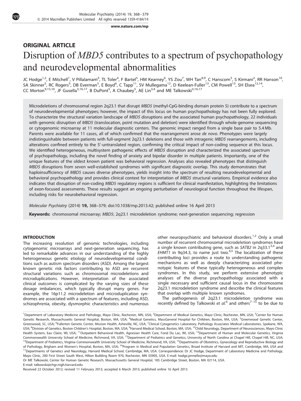 Disruption of MBD5 Contributes to a Spectrum of Psychopathology and Neurodevelopmental Abnormalities