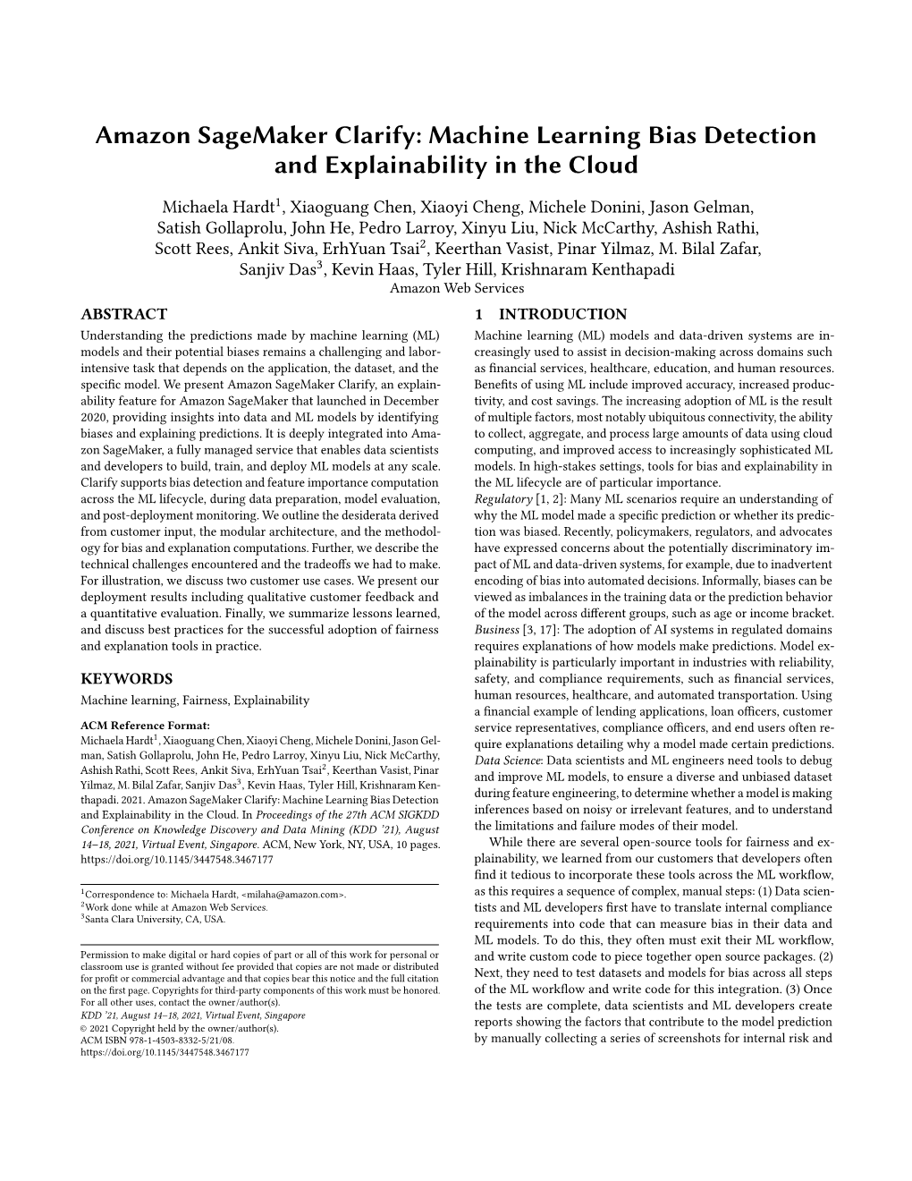 Amazon Sagemaker Clarify: Machine Learning Bias Detection and Explainability in the Cloud