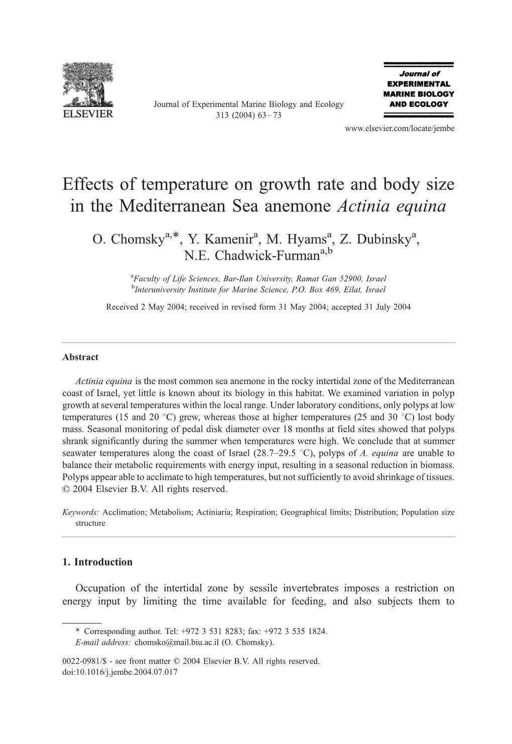 Effects of Temperature on Growth Rate and Body Size in the Mediterranean Sea Anemone Actinia Equina