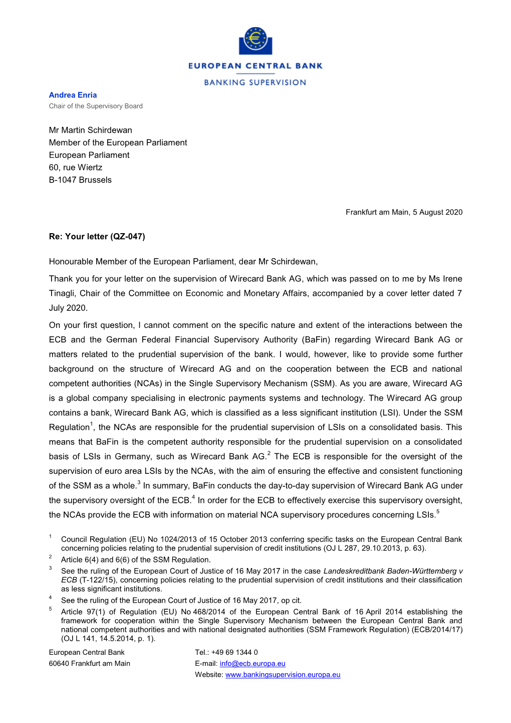 Letter from Andrea Enria, Chair of the Supervisory Board, to Mr