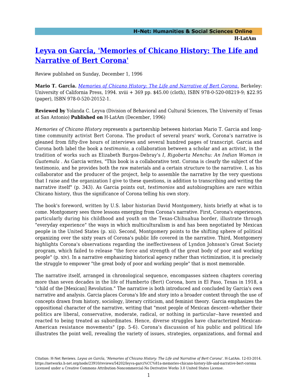 Leyva on García, 'Memories of Chicano History: the Life And