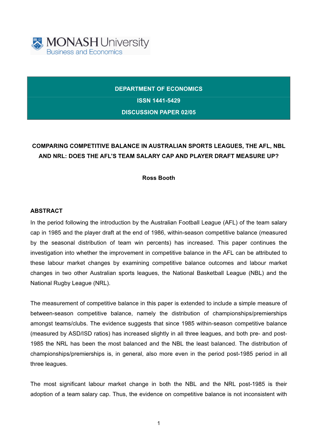 Department of Economics Issn 1441-5429 Discussion