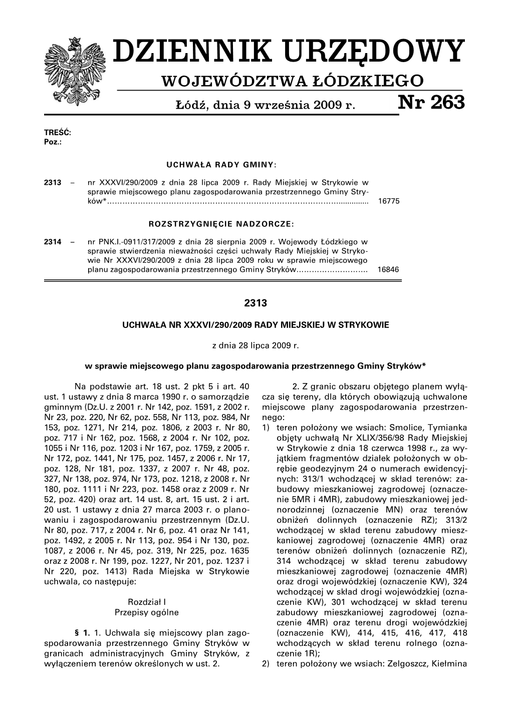 DZIENNIK URZĘDOWY WOJEWÓDZTWA ŁÓDZKIEGO Łódź, Dnia 9 Września 2009 R