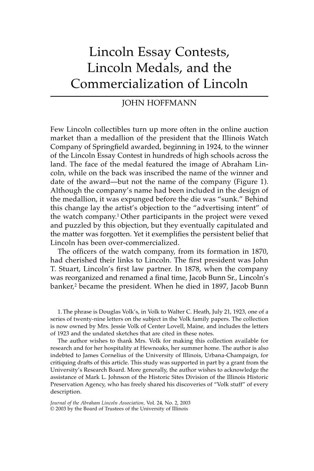 Lincoln Essay Contests, Lincoln Medals, and the Commercialization of Lincoln John Hoffmann