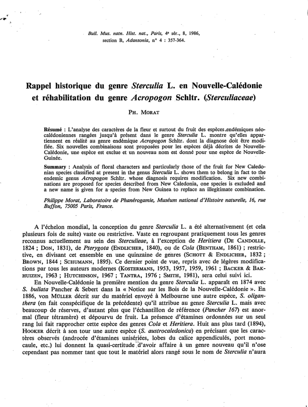 Sterculiaceae Des Environs De Nouméa Mais Cette Fois Dans Le Genre Sterculia Dithè (Sect