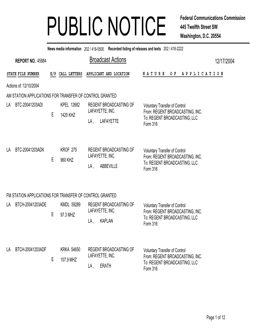 Broadcast Actions 12/17/2004