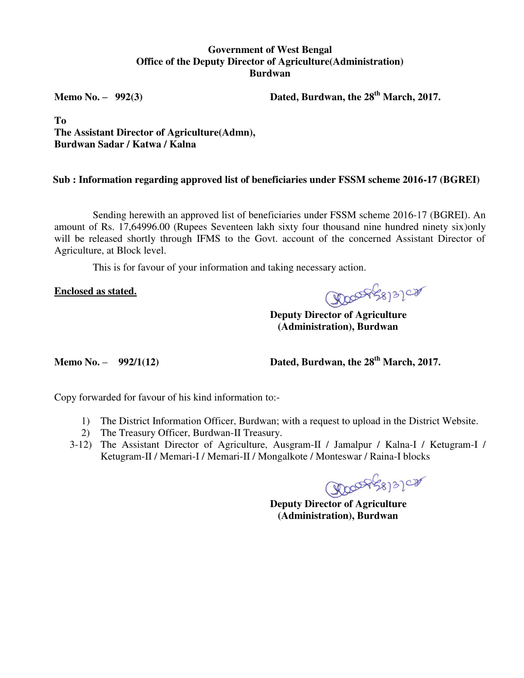 Government of West Bengal Office of the Deputy Director of Agriculture(Administration) Burdwan