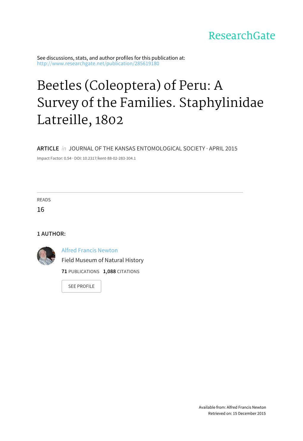 Beetles (Coleoptera) of Peru: a Survey of the Families. Staphylinidae Latreille, 1802