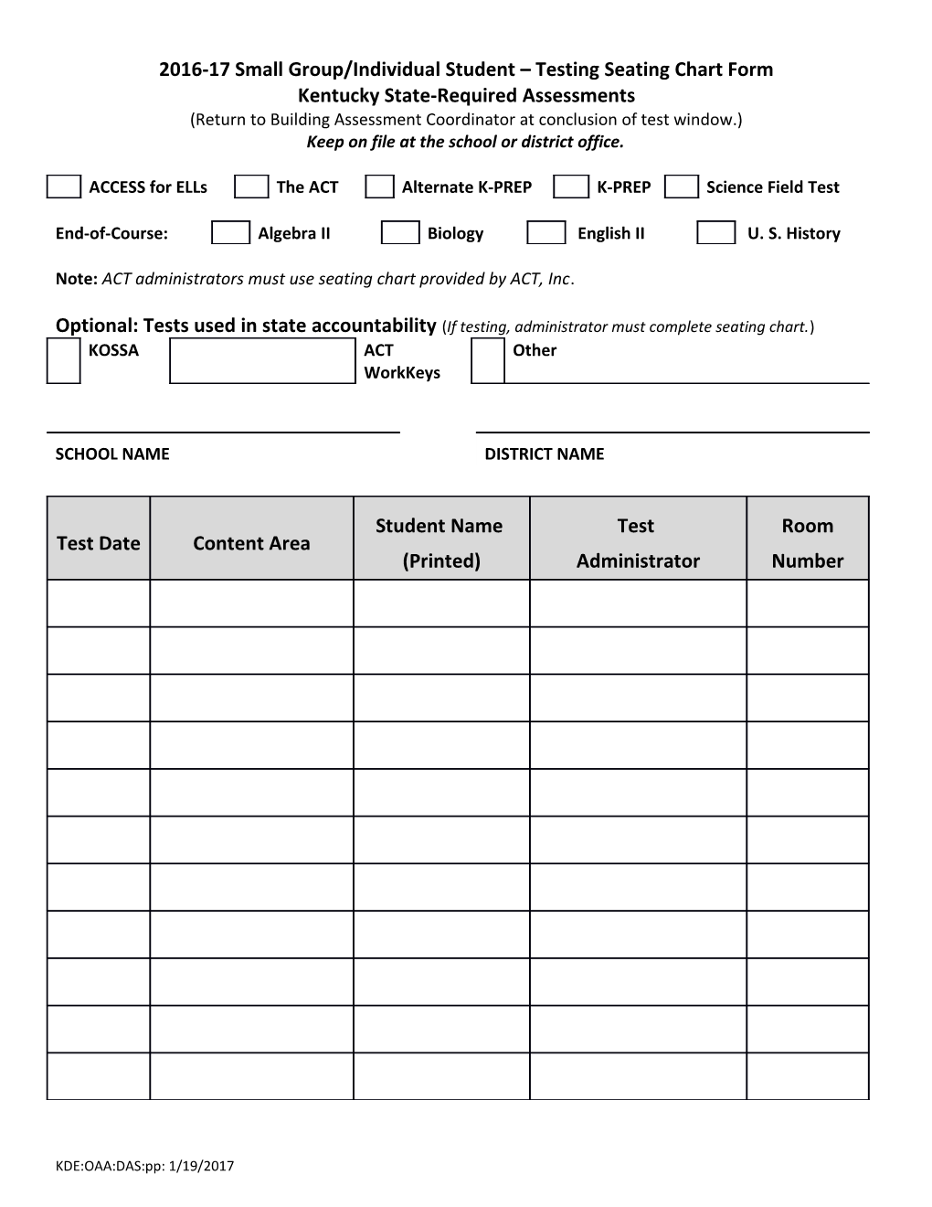 2016-17 Small Group/Individual Student Testing Seating Chart Form