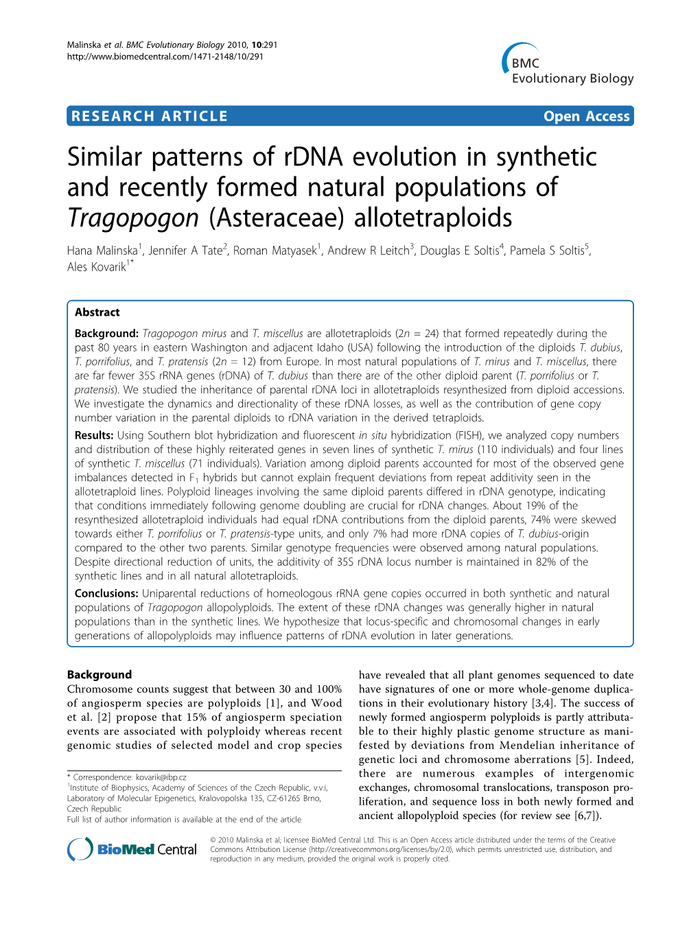 Similar Patterns of Rdna Evolution in Synthetic and Recently Formed Natural Populations of Tragopogon