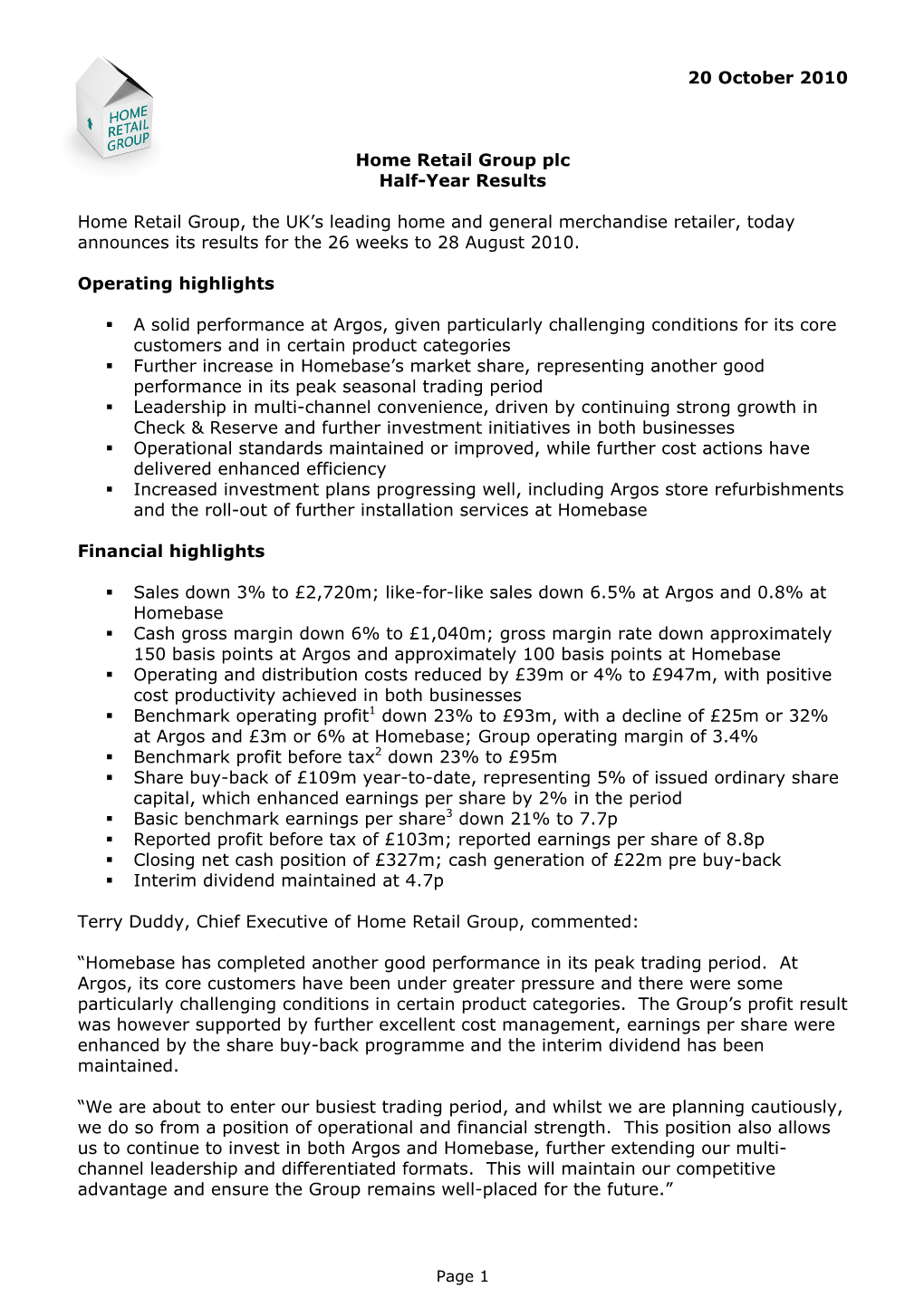 20 October 2010 Home Retail Group Plc Half-Year