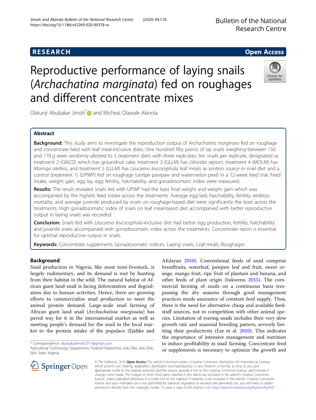 Reproductive Performance of Laying Snails (Archachatina Marginata) Fed