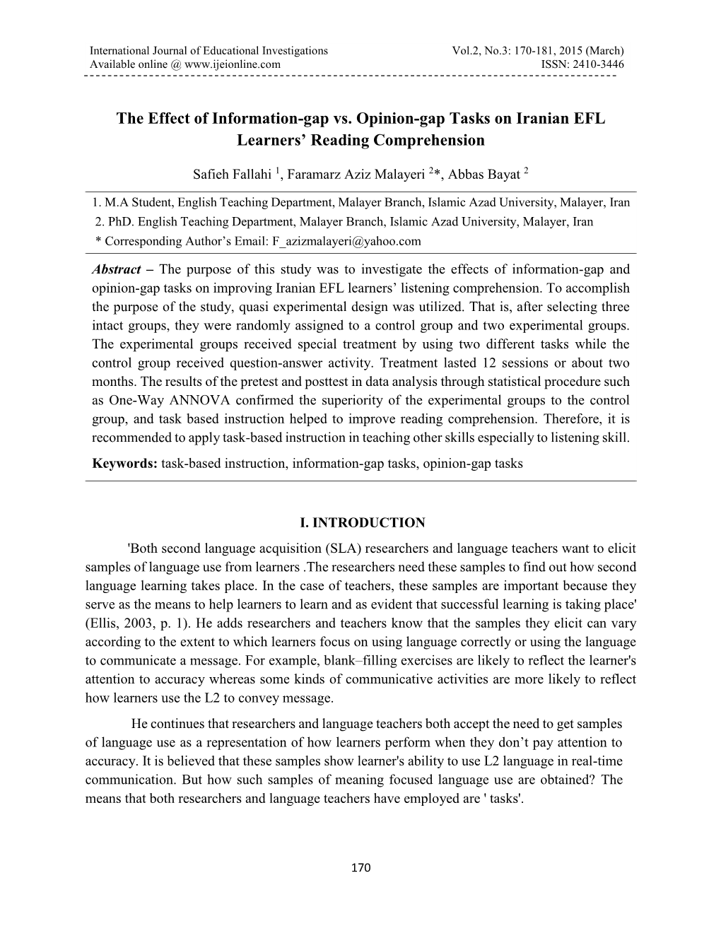 The Effect of Information-Gap Vs. Opinion-Gap Tasks on Iranian EFL Learners’ Reading Comprehension