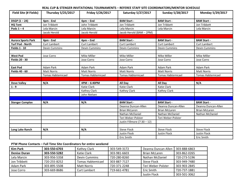 Real Cup & Stenger Invitational Tournaments Referee Staff Site Coordinators/Mentor Schedule