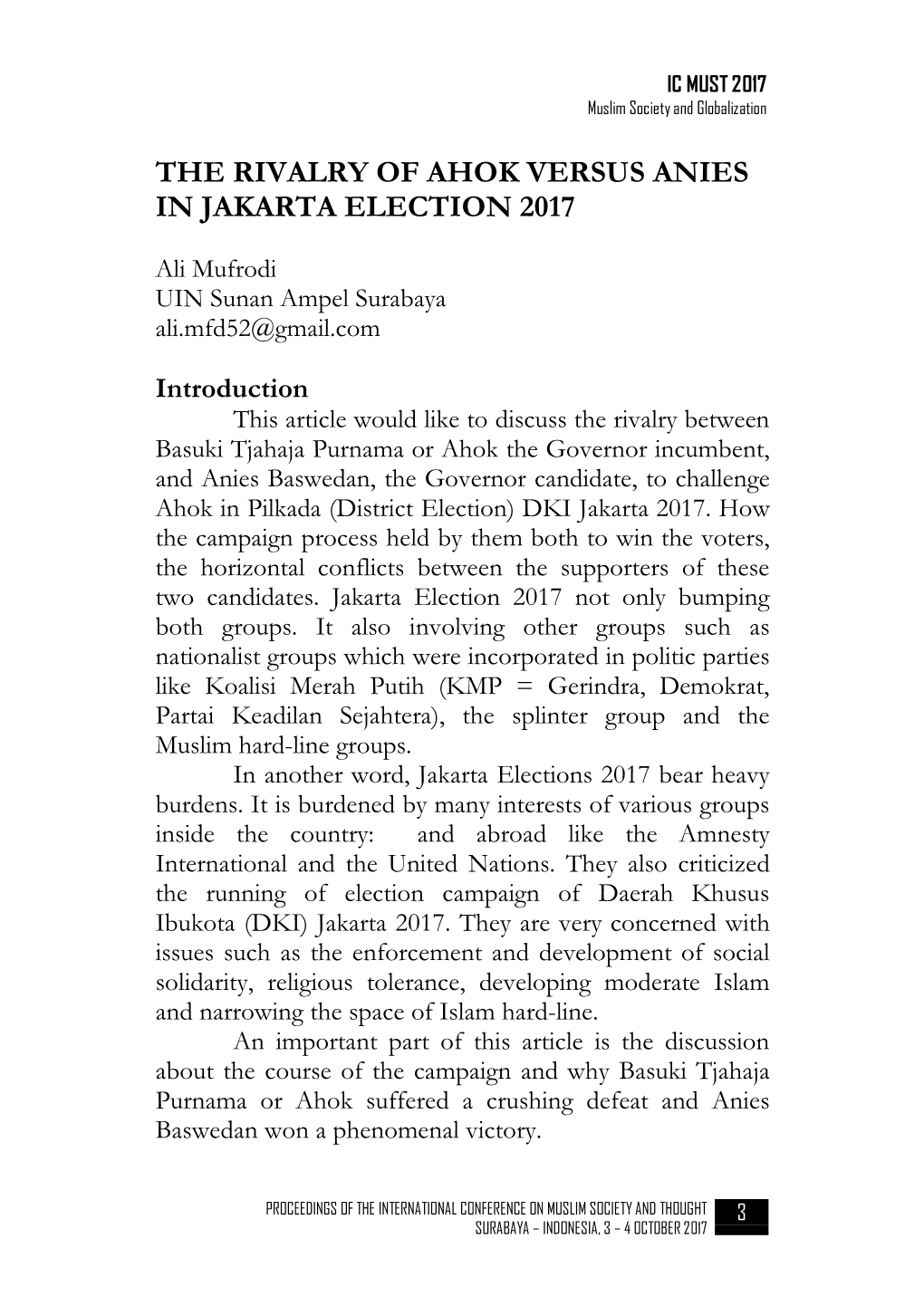 The Rivalry of Ahok Versus Anies in Jakarta Election 2017