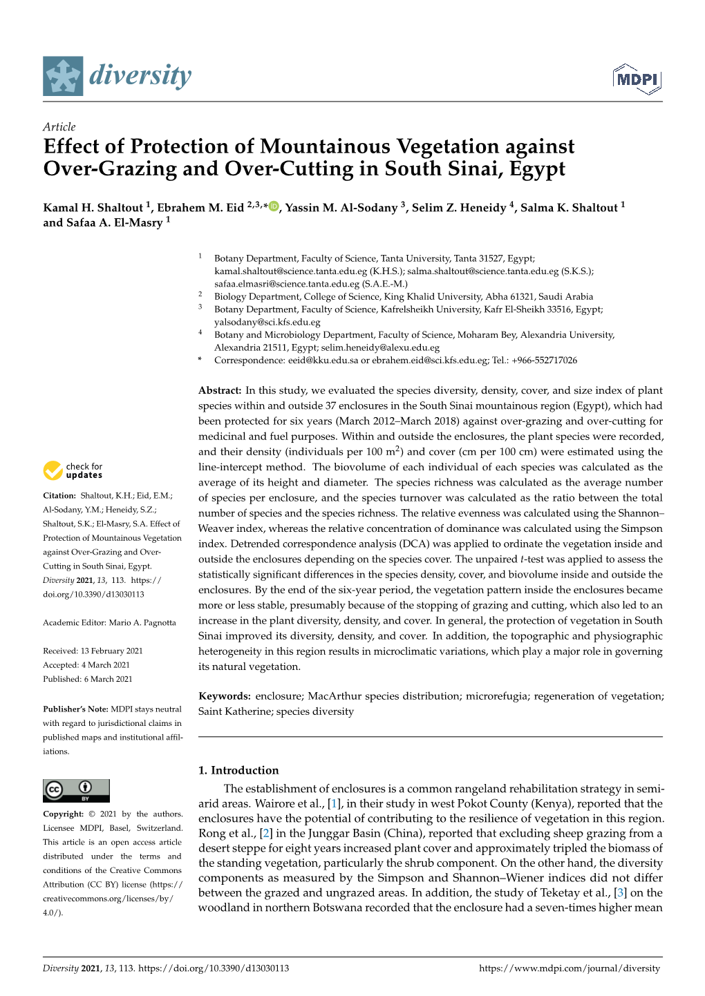 Effect of Protection of Mountainous Vegetation Against Over-Grazing and Over-Cutting in South Sinai, Egypt