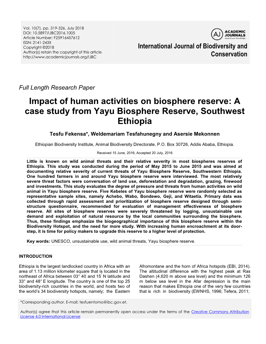 A Case Study from Yayu Biosphere Reserve, Southwest Ethiopia