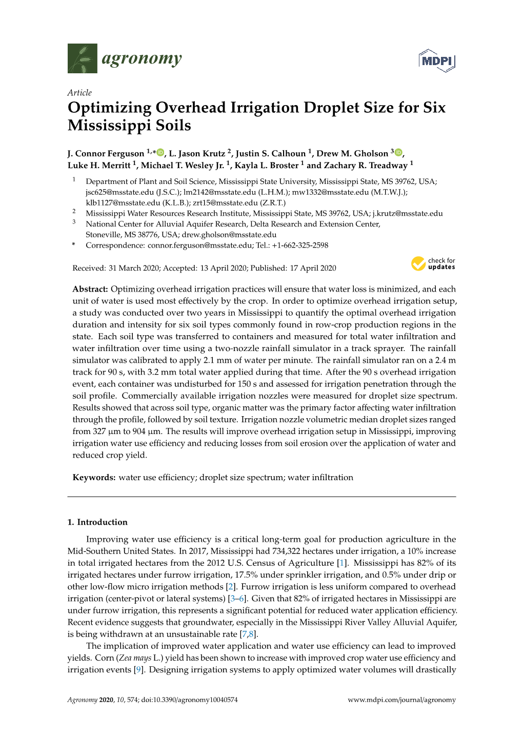 Optimizing Overhead Irrigation Droplet Size for Six Mississippi Soils