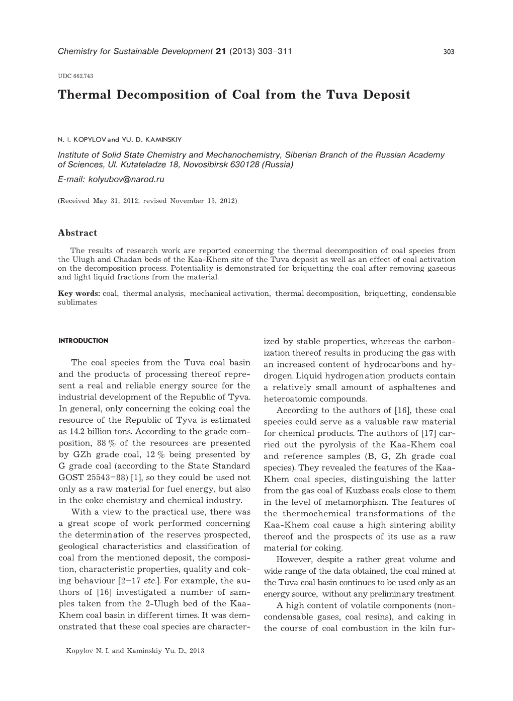 Thermal Decomposition of Coal from the Tuva Deposit