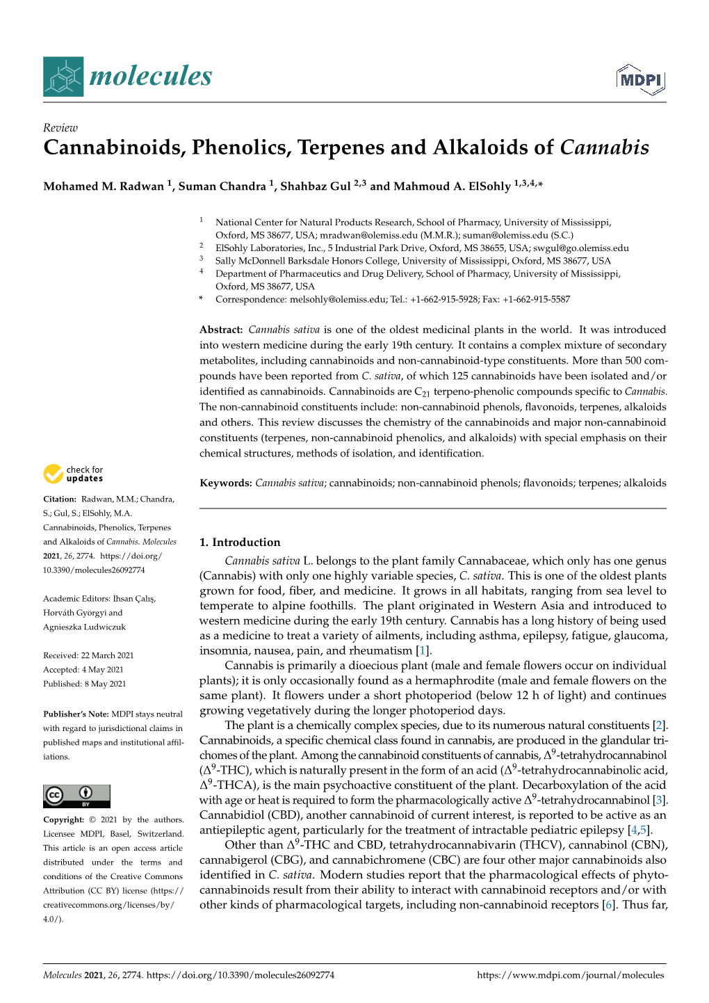 Cannabinoids, Phenolics, Terpenes and Alkaloids of Cannabis