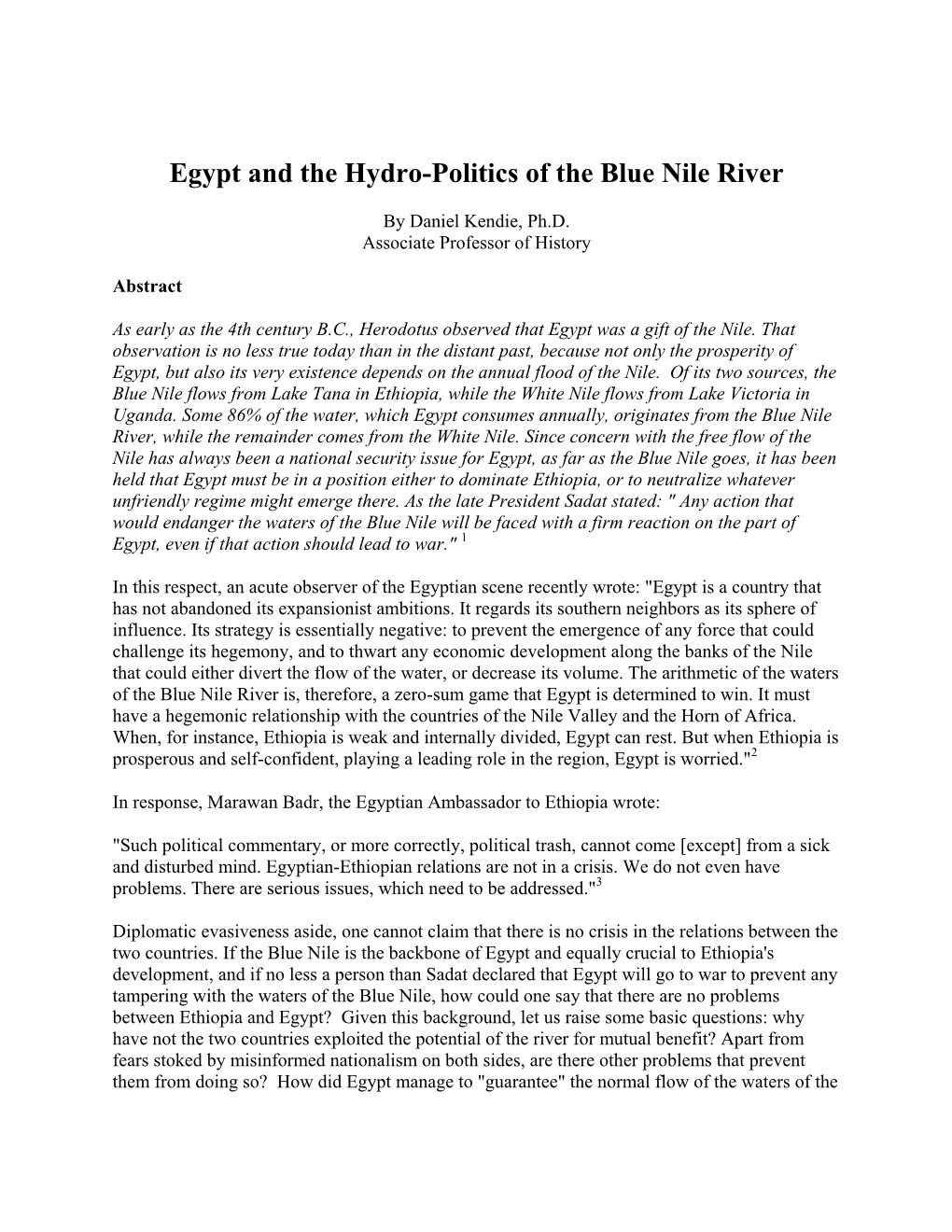 Egypt and the Hydro-Politics of the Blue Nile River