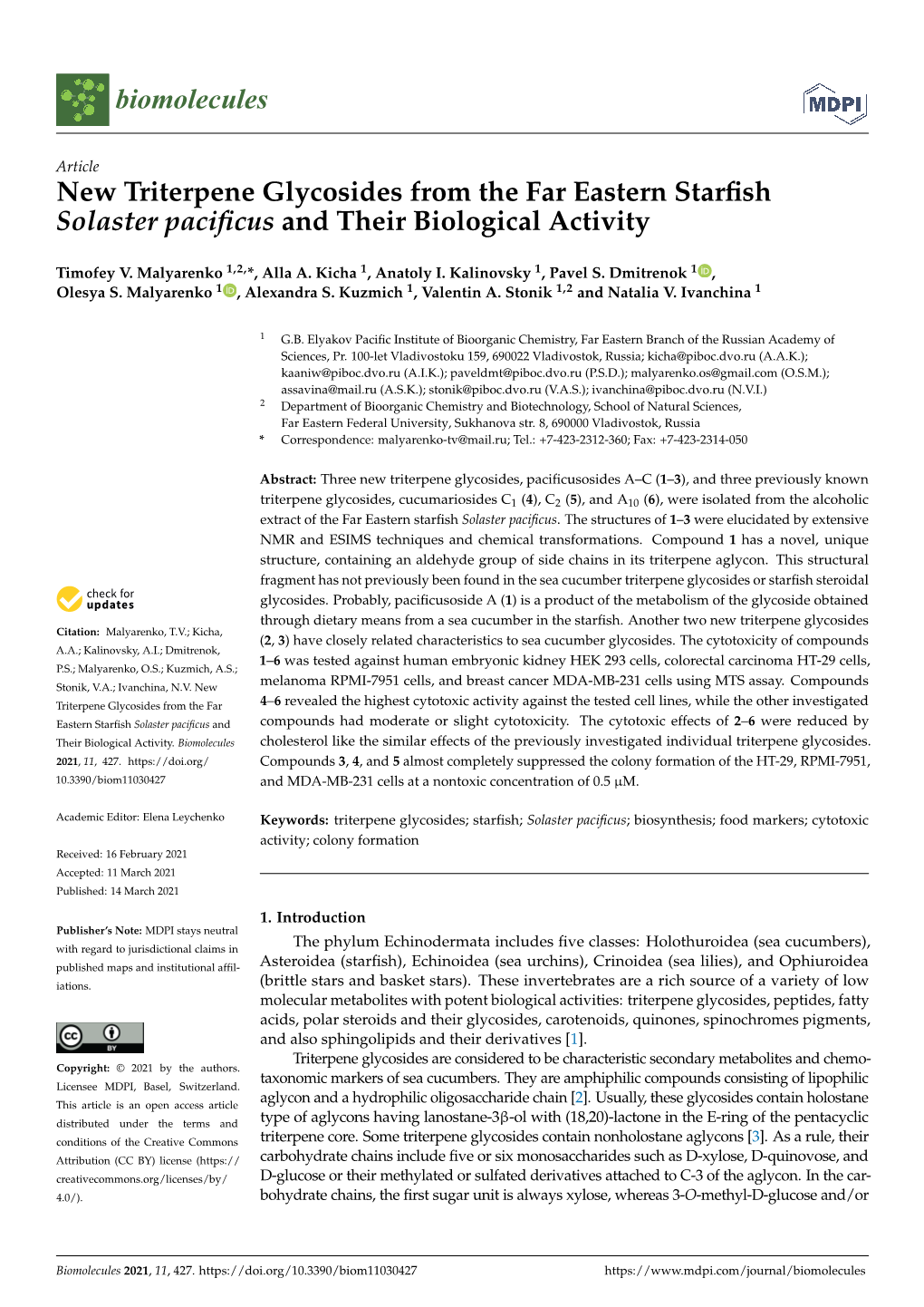 New Triterpene Glycosides from the Far Eastern Starfish Solaster