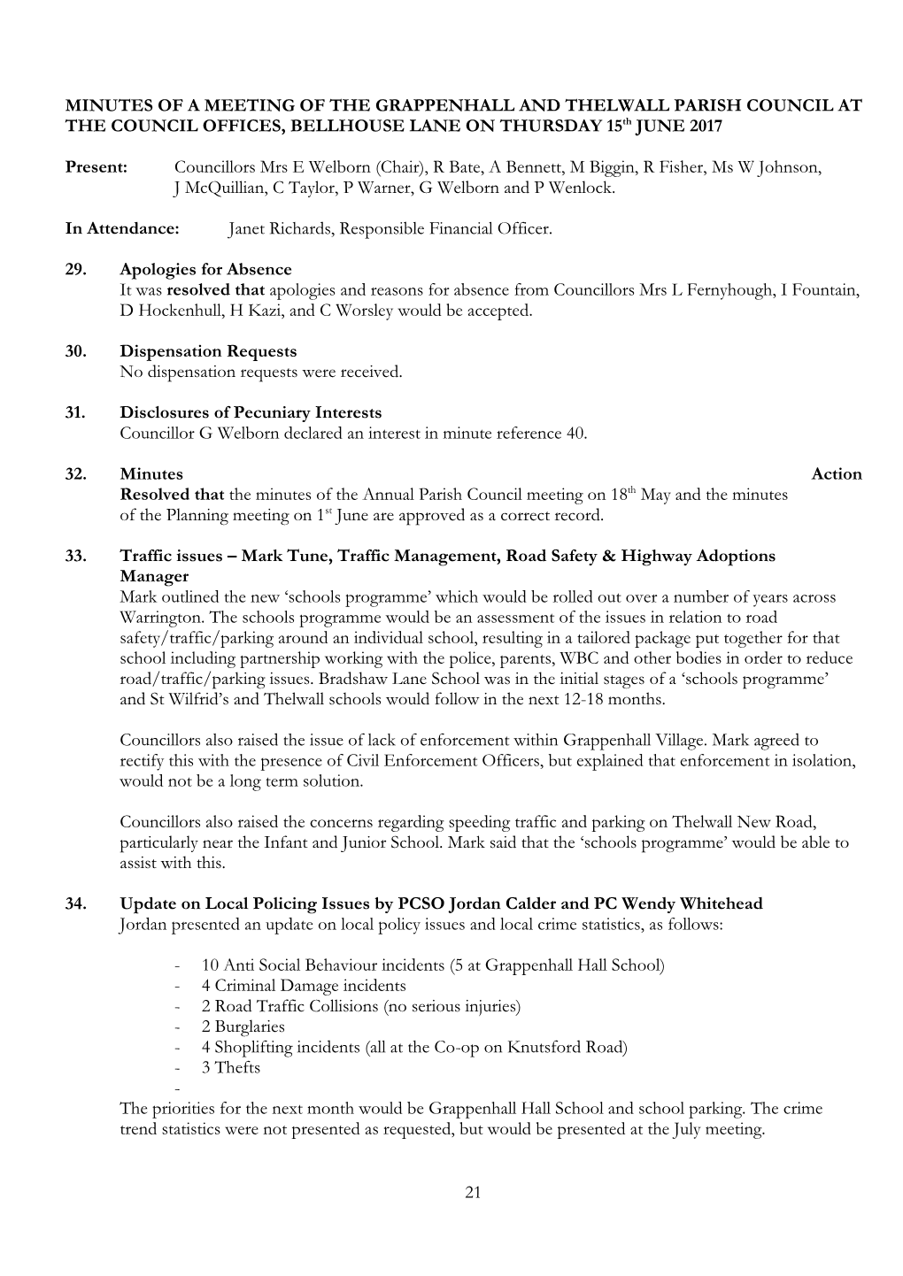 MINUTES of a MEETING of the GRAPPENHALL and THELWALL PARISH COUNCIL at the COUNCIL OFFICES, BELLHOUSE LANE on THURSDAY 15Th JUNE 2017