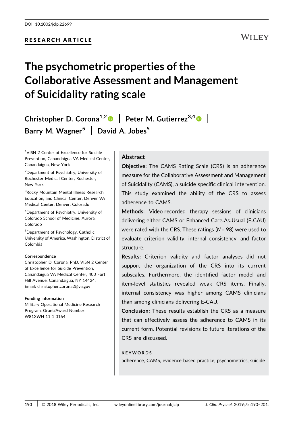 The Psychometric Properties of the Collaborative Assessment and Management of Suicidality Rating Scale