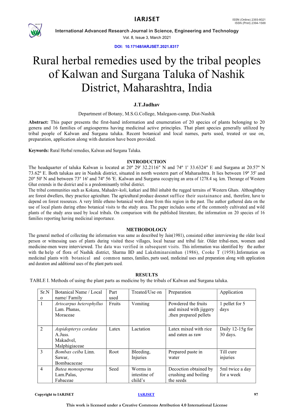 Rural Herbal Remedies Used by the Tribal Peoples of Kalwan and Surgana Taluka of Nashik