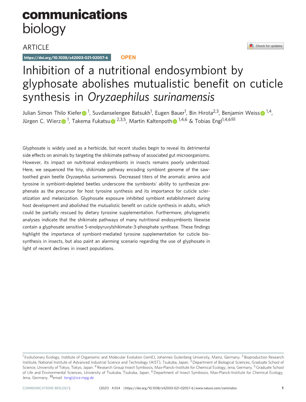 Inhibition of a Nutritional Endosymbiont by Glyphosate Abolishes Mutualistic Benefit on Cuticle Synthesis in Oryzaephilus Surina