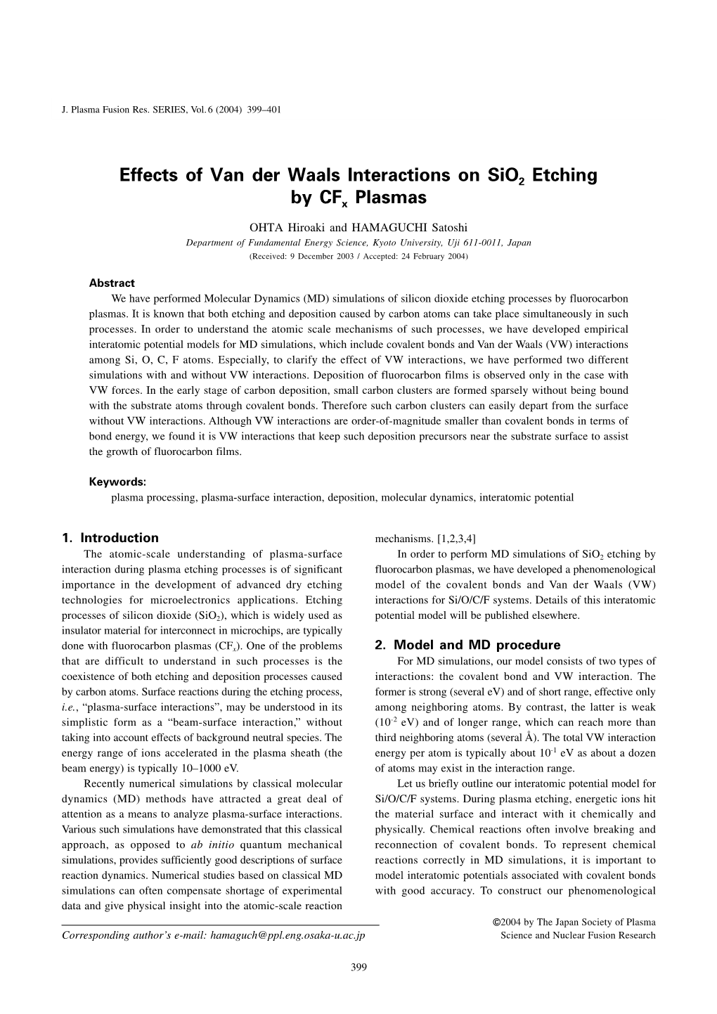 Effects of Van Der Waals Interactions on Sio2 Etching by Cfx Plasmas