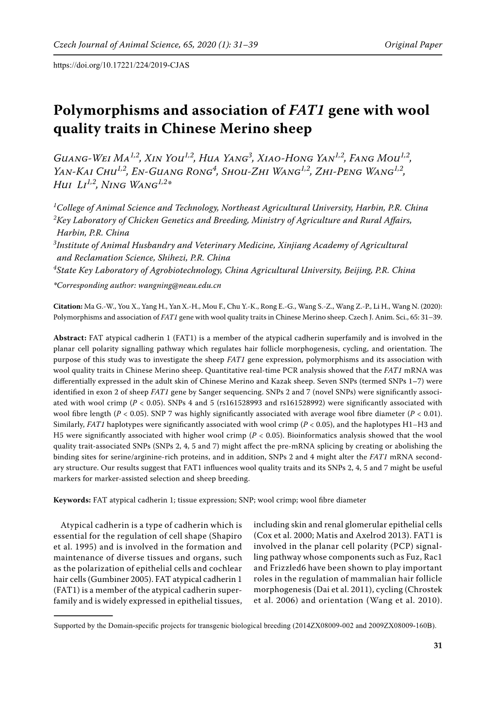 Polymorphisms and Association of FAT1 Gene with Wool Quality Traits in Chinese Merino Sheep