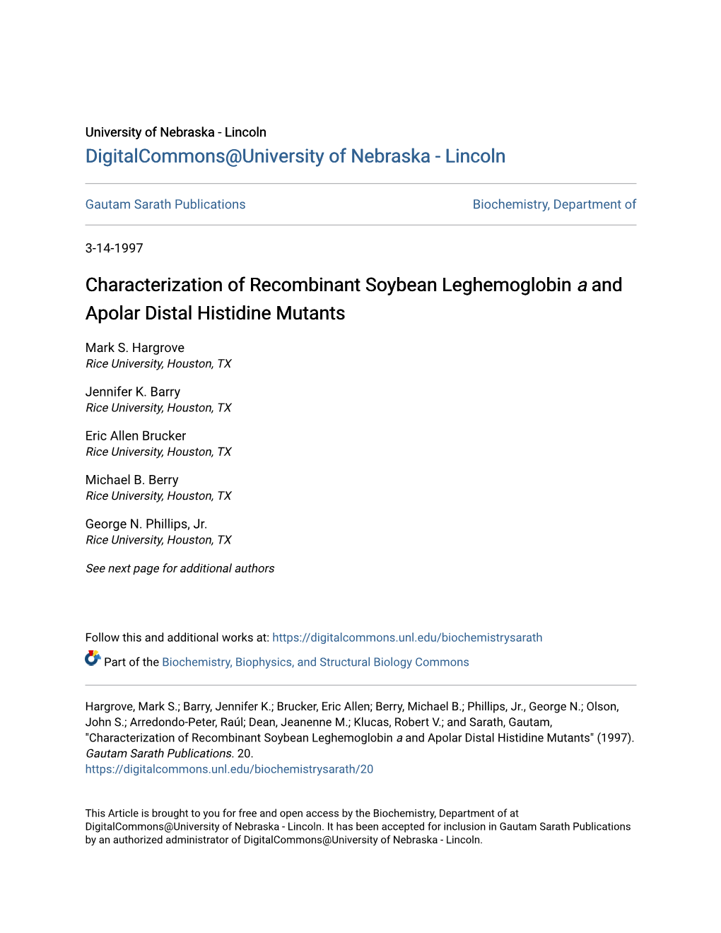 Characterization of Recombinant Soybean Leghemoglobin a and Apolar Distal Histidine Mutants