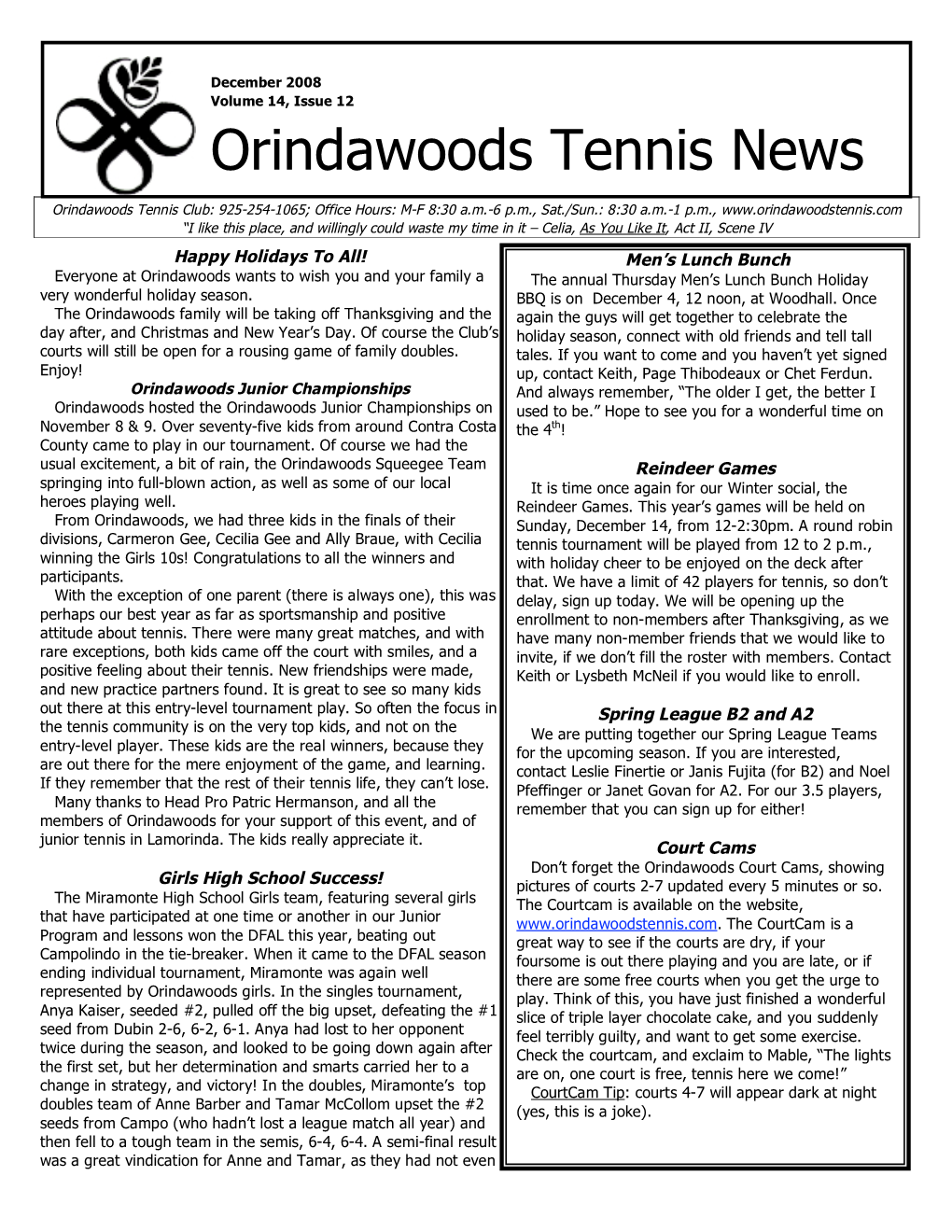 Orindawoods Tennis News