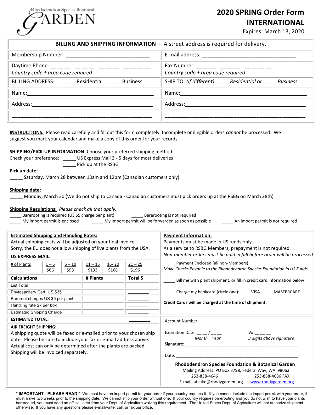 2020 SPRING Order Form INTERNATIONAL