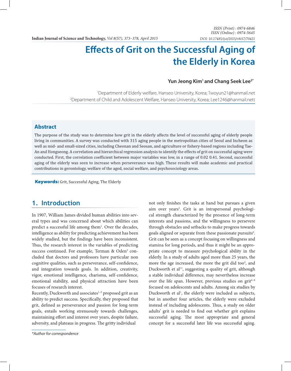 Effects of Grit on the Successful Aging of the Elderly in Korea