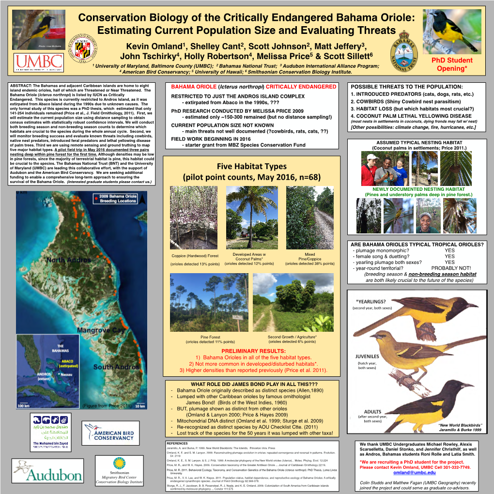 Conservation Biology of the Critically Endangered Bahama Oriole: Estimating Current Population Size and Evaluating Threats
