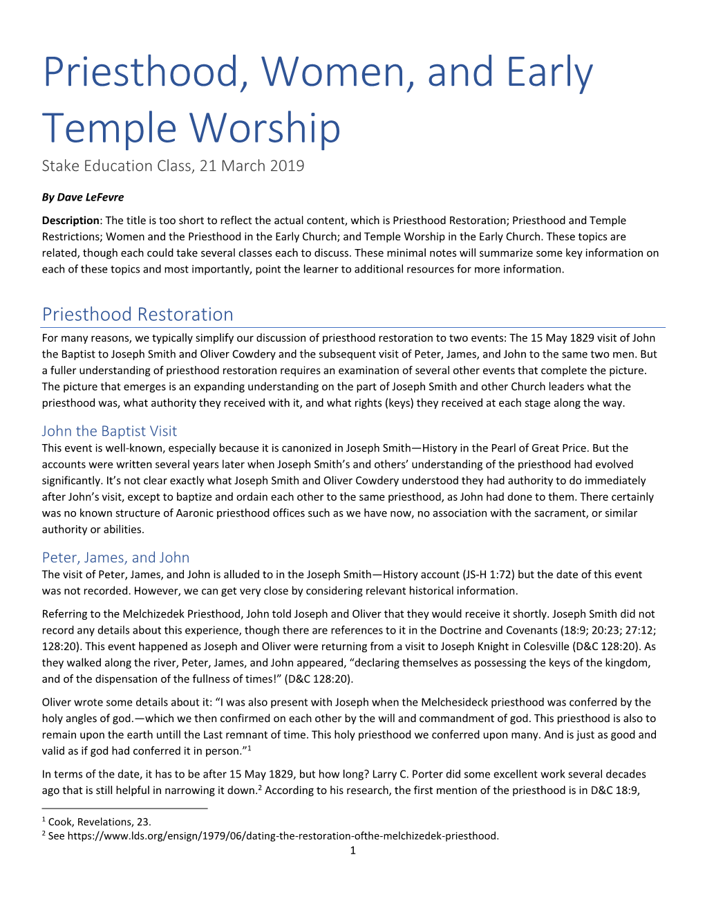 Priesthood, Women, and Early Temple Worship Stake Education Class, 21 March 2019