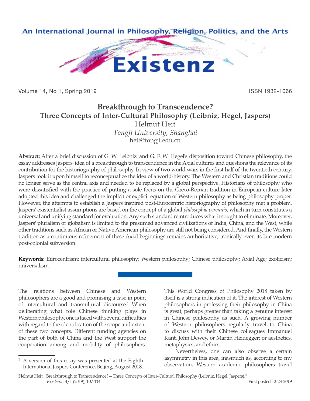 Breakthrough to Transcendence? Three Concepts of Inter-Cultural Philosophy (Leibniz, Hegel, Jaspers) Helmut Heit Tongji University, Shanghai Heit@Tongji.Edu.Cn