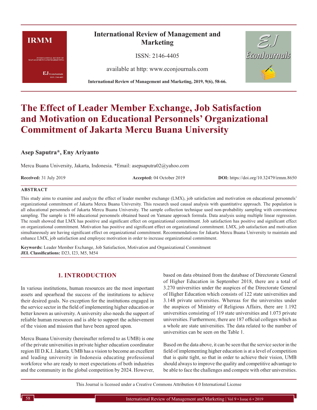 The Effect of Leader Member Exchange, Job Satisfaction and Motivation on Educational Personnels’ Organizational Commitment of Jakarta Mercu Buana University