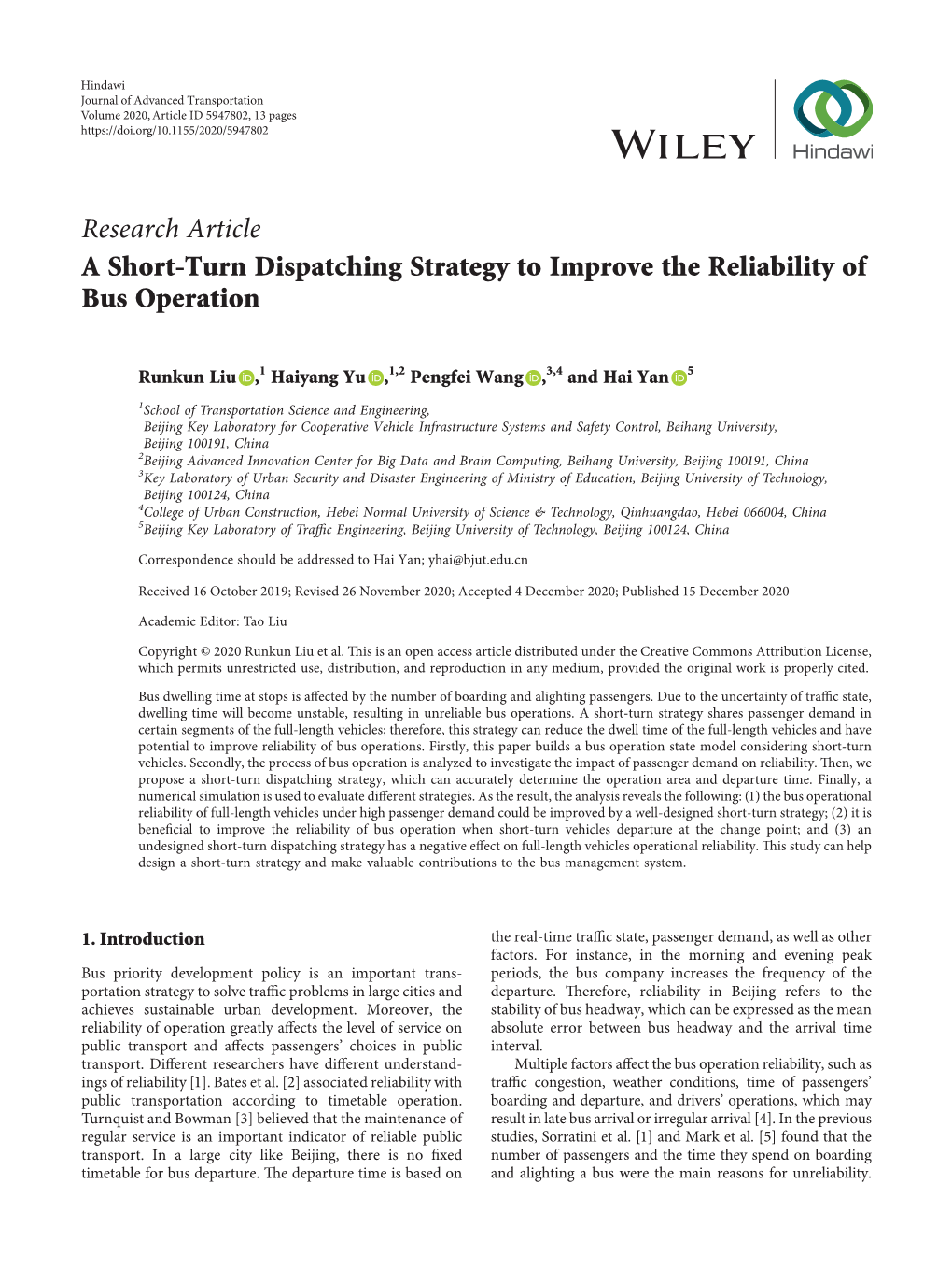 A Short-Turn Dispatching Strategy to Improve the Reliability of Bus Operation