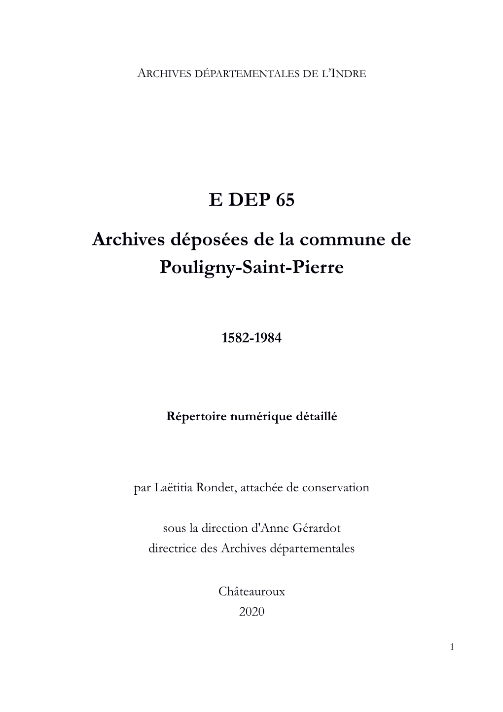 E DEP 65 Archives Déposées De La Commune De Pouligny-Saint-Pierre