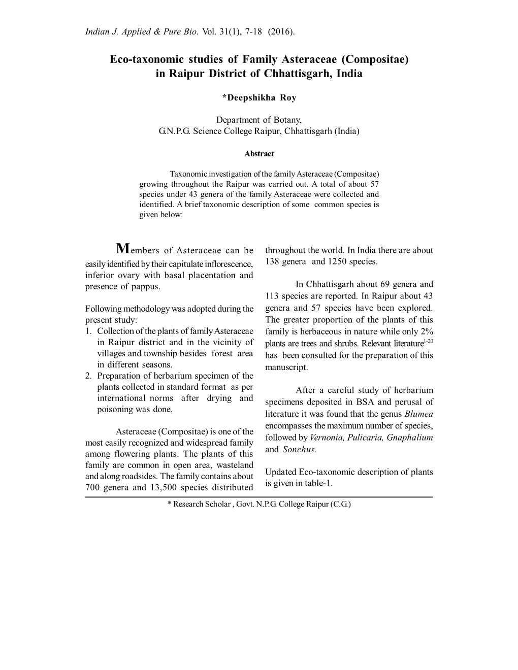 Eco-Taxonomic Studies of Family Asteraceae (Compositae) in Raipur District of Chhattisgarh, India