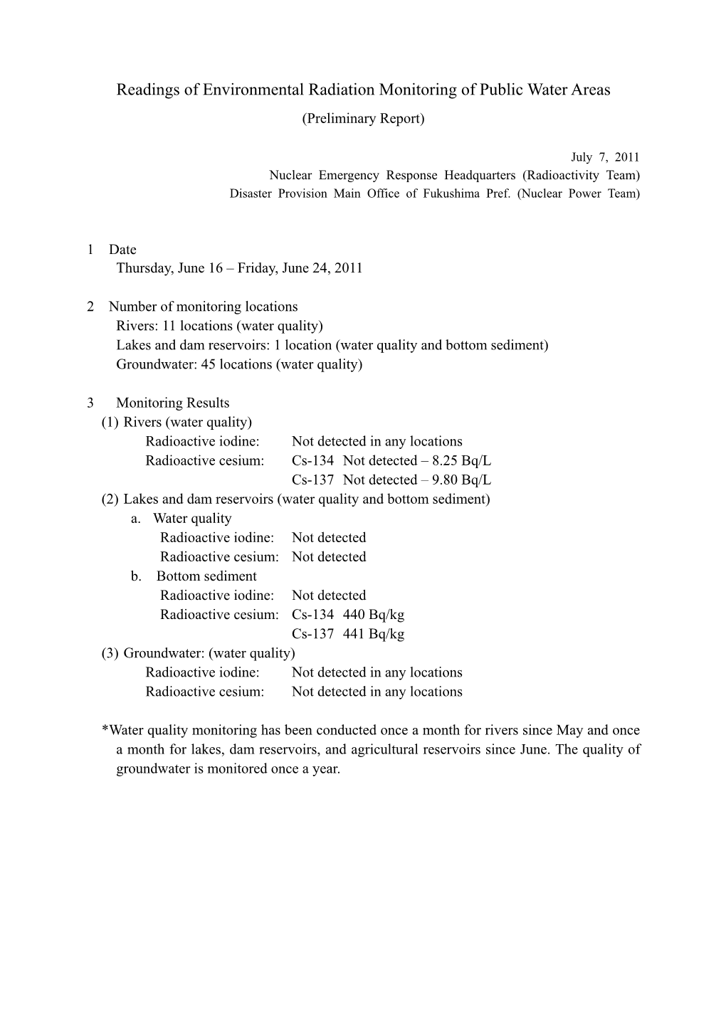 Readings of Environmental Radiation Monitoring of Public Water Areas (Preliminary Report)