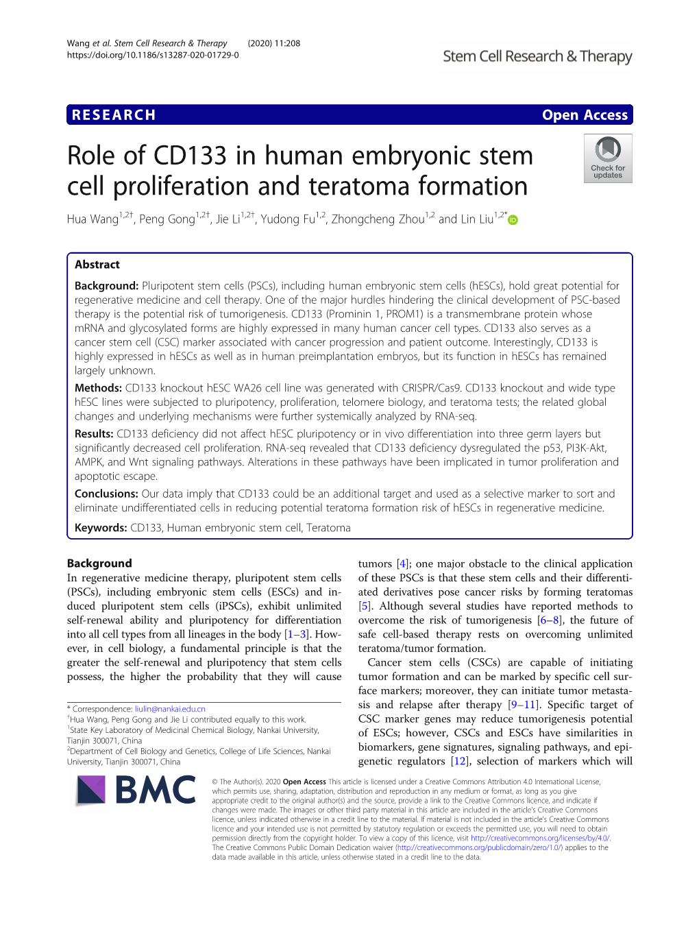 Role of CD133 in Human Embryonic Stem Cell Proliferation and Teratoma